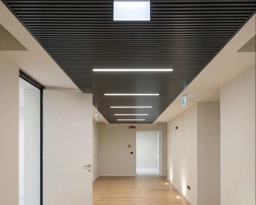 Ambiente interno ristrutturato con controsoffitto lineare e illuminazione integrata